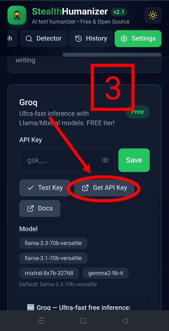 Groq (Free) step 3: Click Get API Key