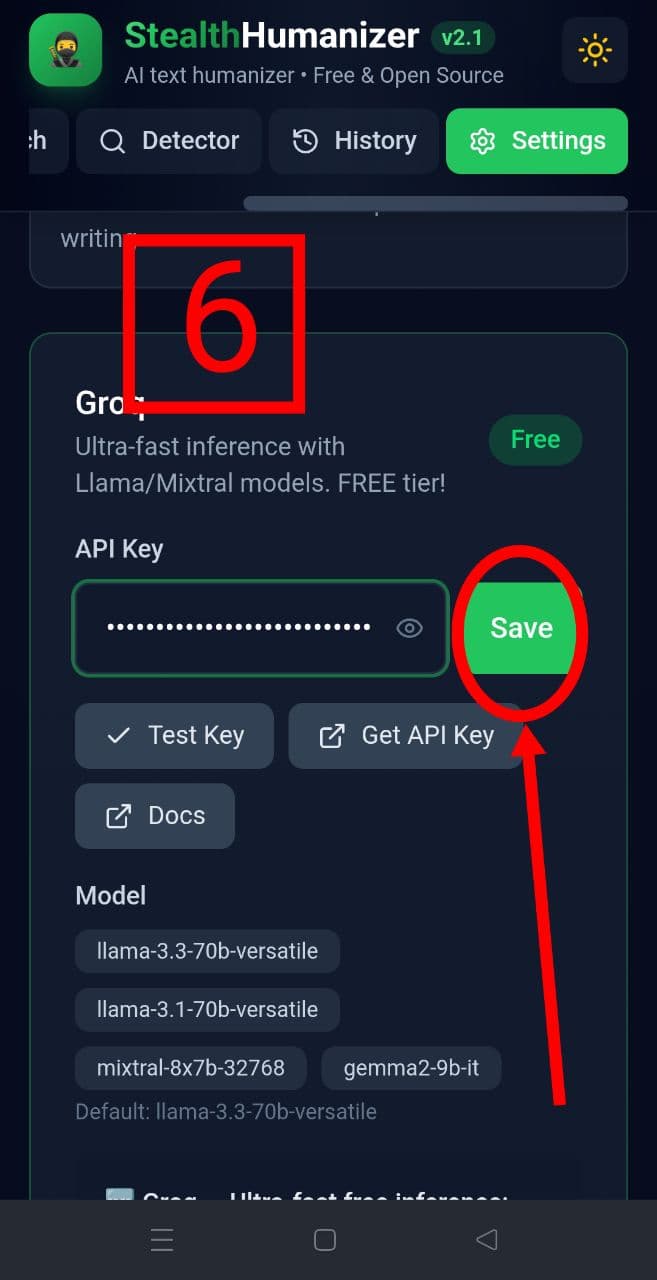 Groq (Free) step 6: Paste and save in app