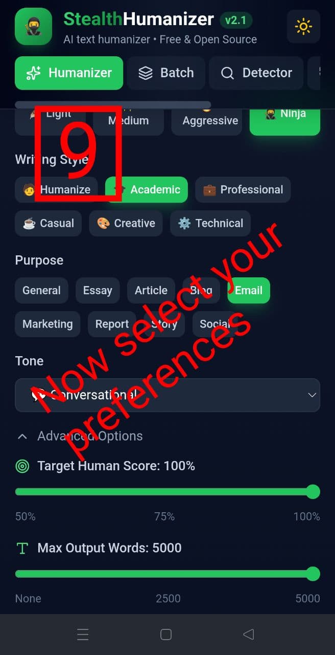 Groq (Free) step 9: Set humanizer preferences